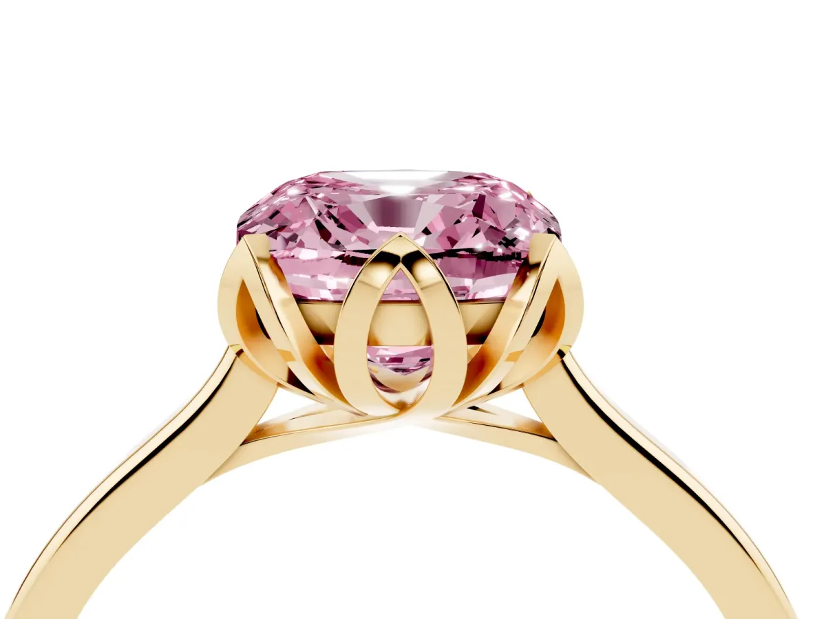 Fancy Pink Cushion Cut Diamond Solitaire Ring with Flower Prong Setting and Classic Band Yellow gold
