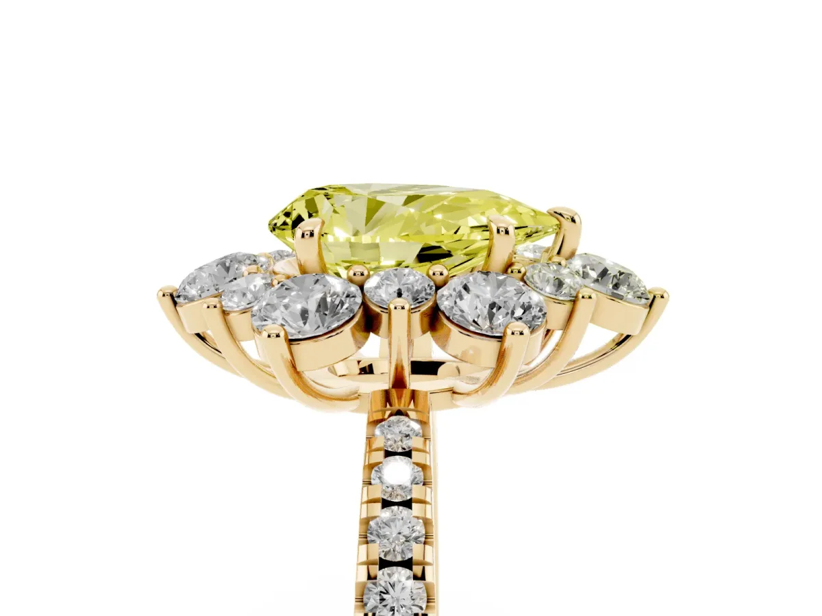 Fancy Yellow Pear Cut Diamond Floral Halo Ring with Round Pavé Band and Prong Setting Yellow gold