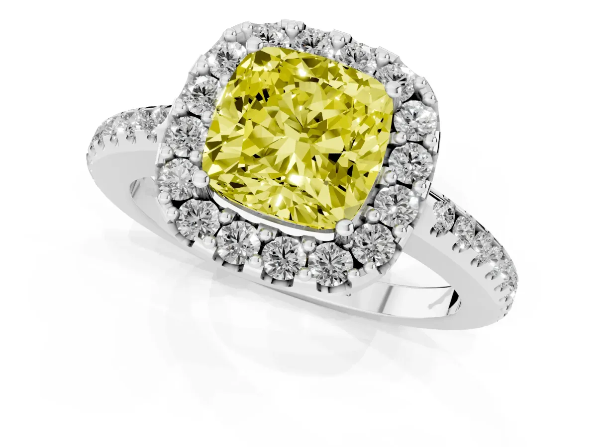 Fancy Yellow Cushion Cut Diamond Pavé Halo Ring with Four-Prong Setting Silver