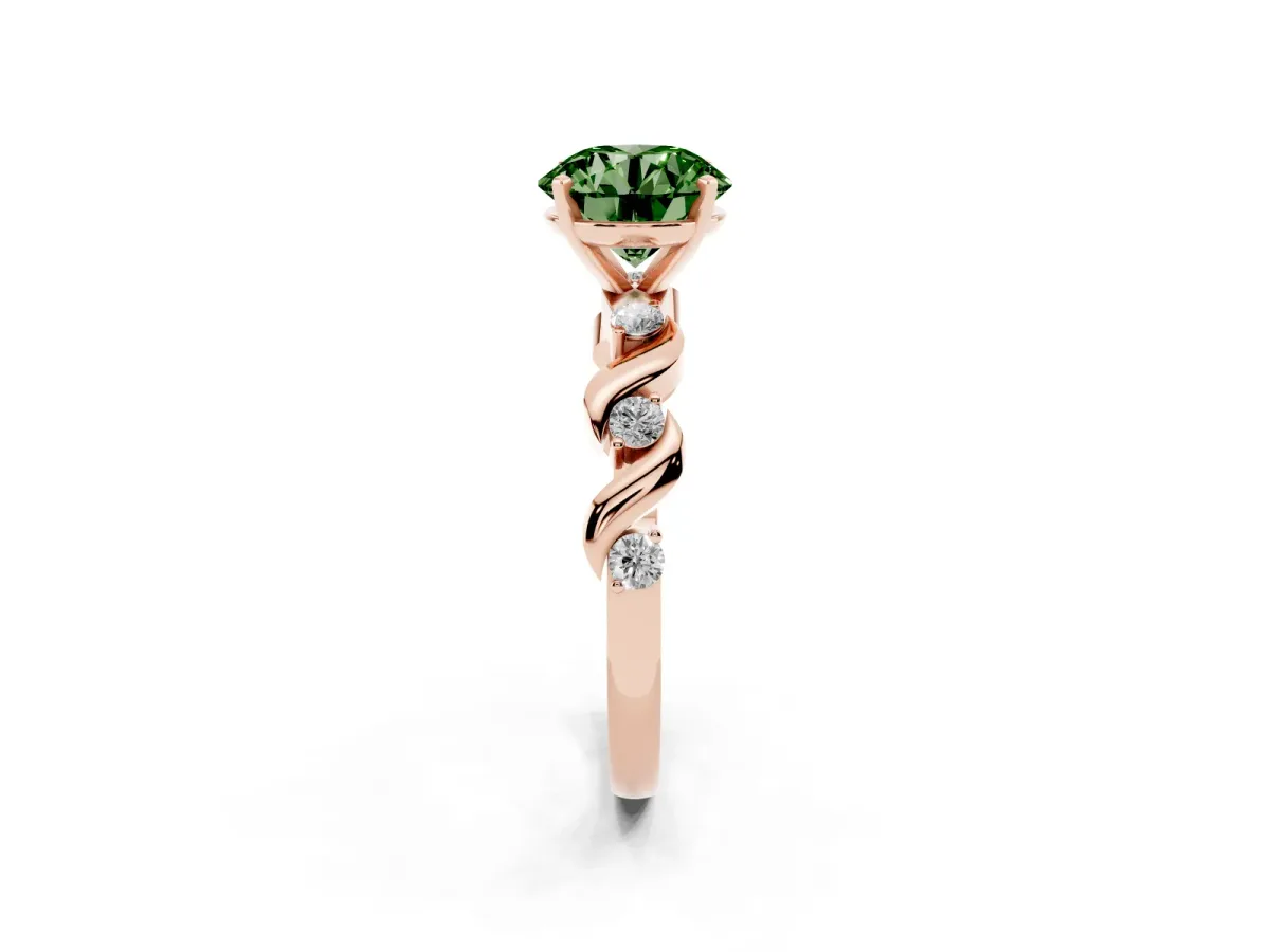 Fancy Green Round Cut Diamond Solitaire Twisted Band with Round Accents and Prong Setting Rose gold