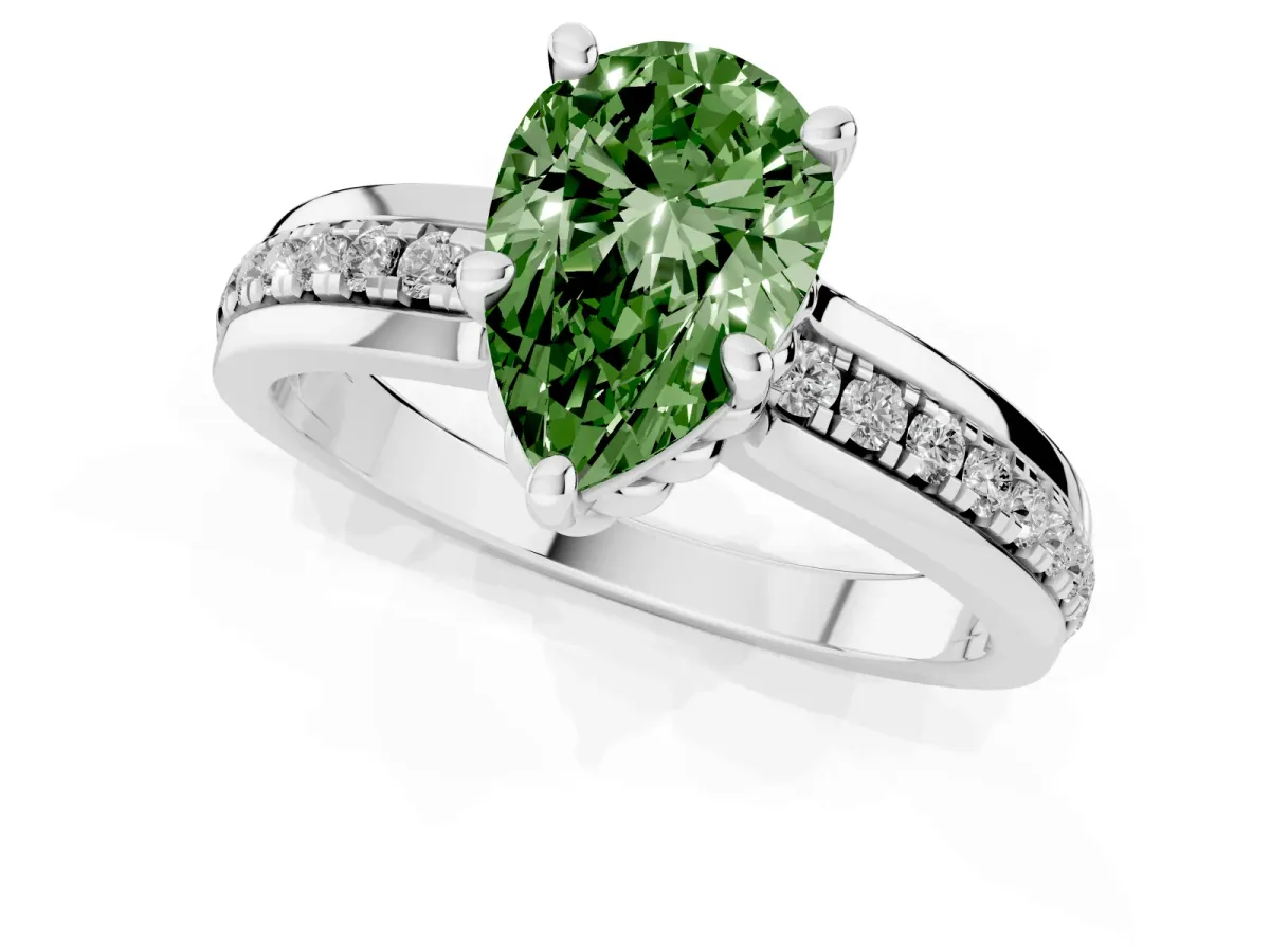Fancy Green Pear Cut Solitaire Diamond Ring with Channel Set Band and Six-Prong Setting Silver
