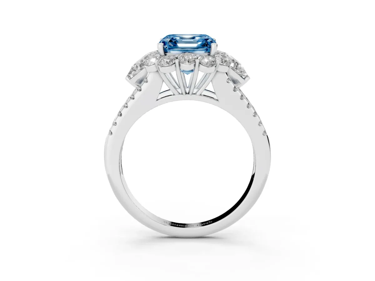 Fancy Blue Asscher Cut Halo Split Shank Diamond Engagement Ring with Prong Setting Silver