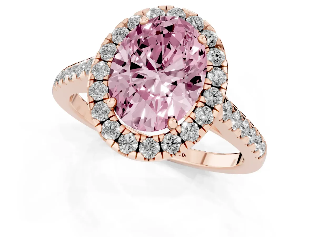 Fancy Pink Oval Cut Halo Pave Diamond Engagement Ring with Four-Prong Setting Rose gold