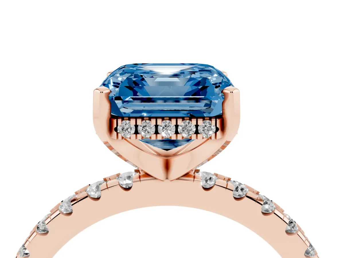 Fancy Blue Asscher Cut Diamond Solitaire Ring with Round Pavé Band and Four-Prong Setting Rose gold
