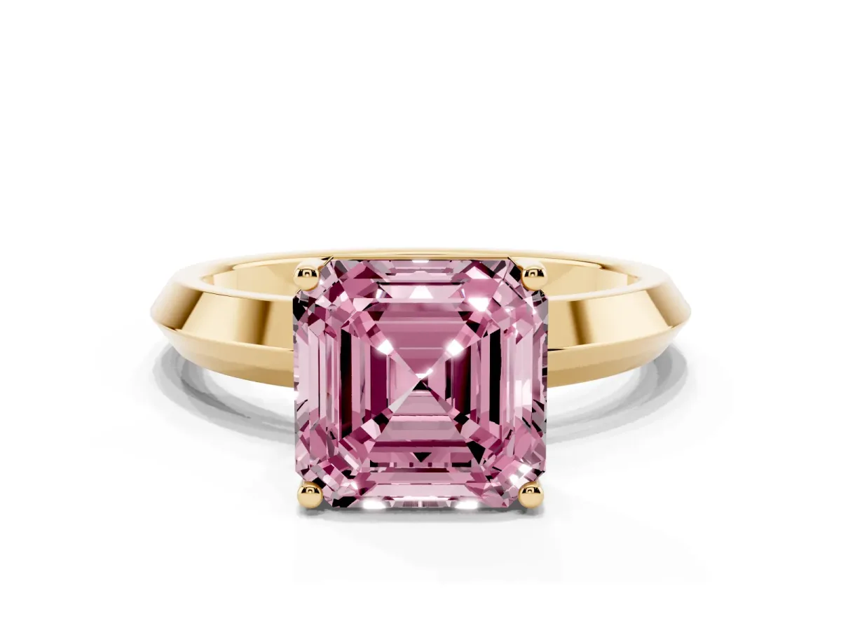 Fancy Pink Asscher Cut Cut Solitaire Engagement Ring with Flat Band and Four-Prong Setting Yellow gold