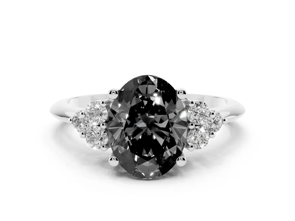 Fancy Black Oval Cut Cut Diamond Cluster Ring with Solitaire Band and Four-Prong Setting Silver