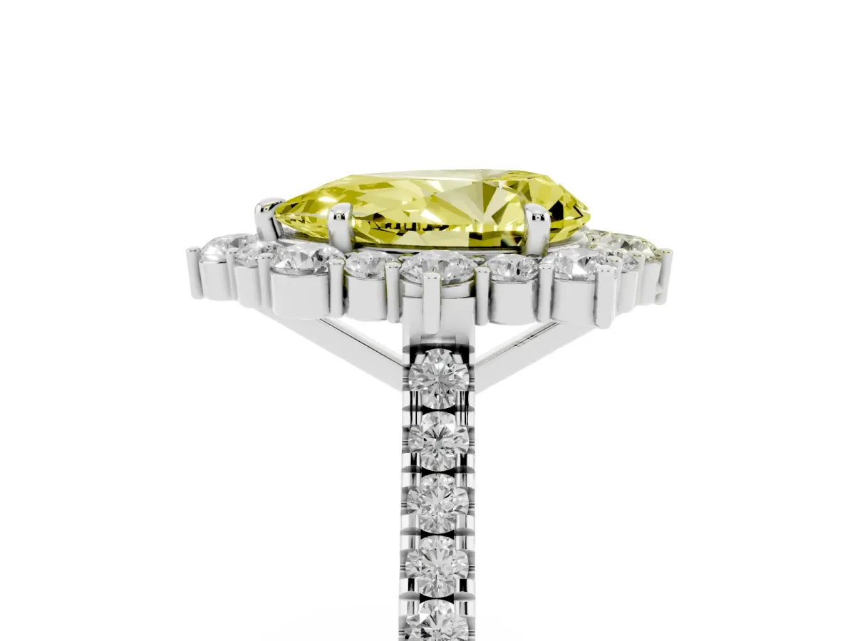Fancy Yellow Pear Cut Halo Diamond Ring with Pavé Band and Prong Setting Silver