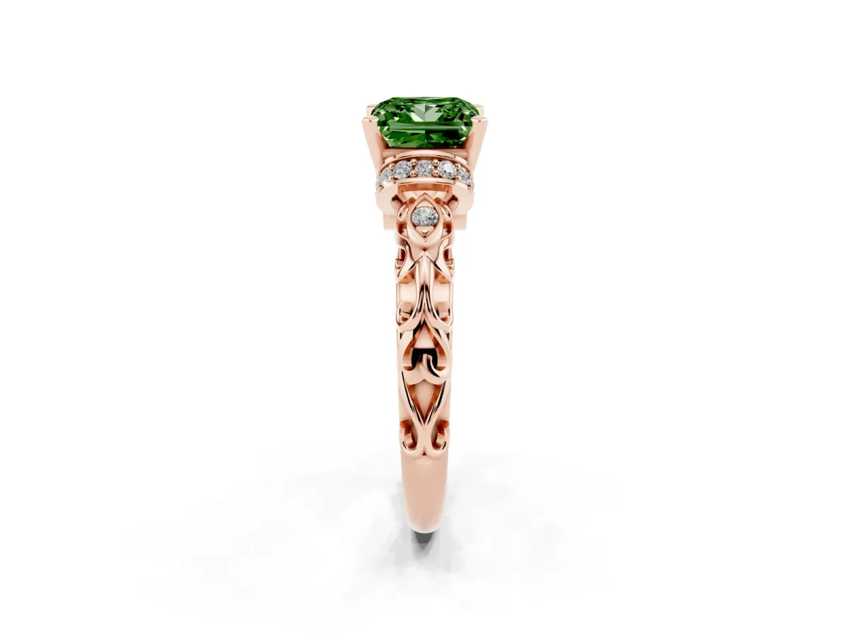 Fancy Green Princess Cut Diamond Solitaire Ring with Filigree Band and Four-Prong Setting Rose gold