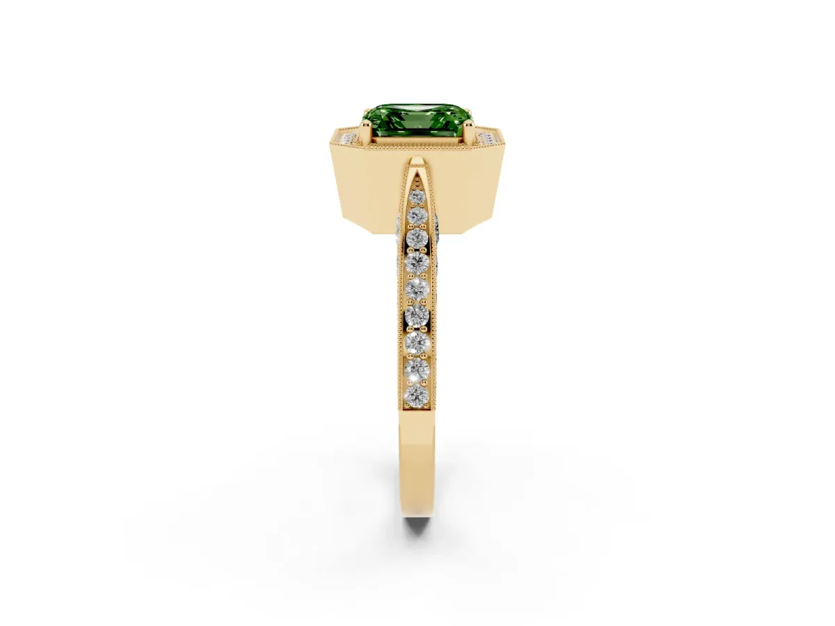 Fancy Green Asscher Cut Halo Diamond Engagement Ring with Split Shank Band and Four-Prong Setting Yellow gold