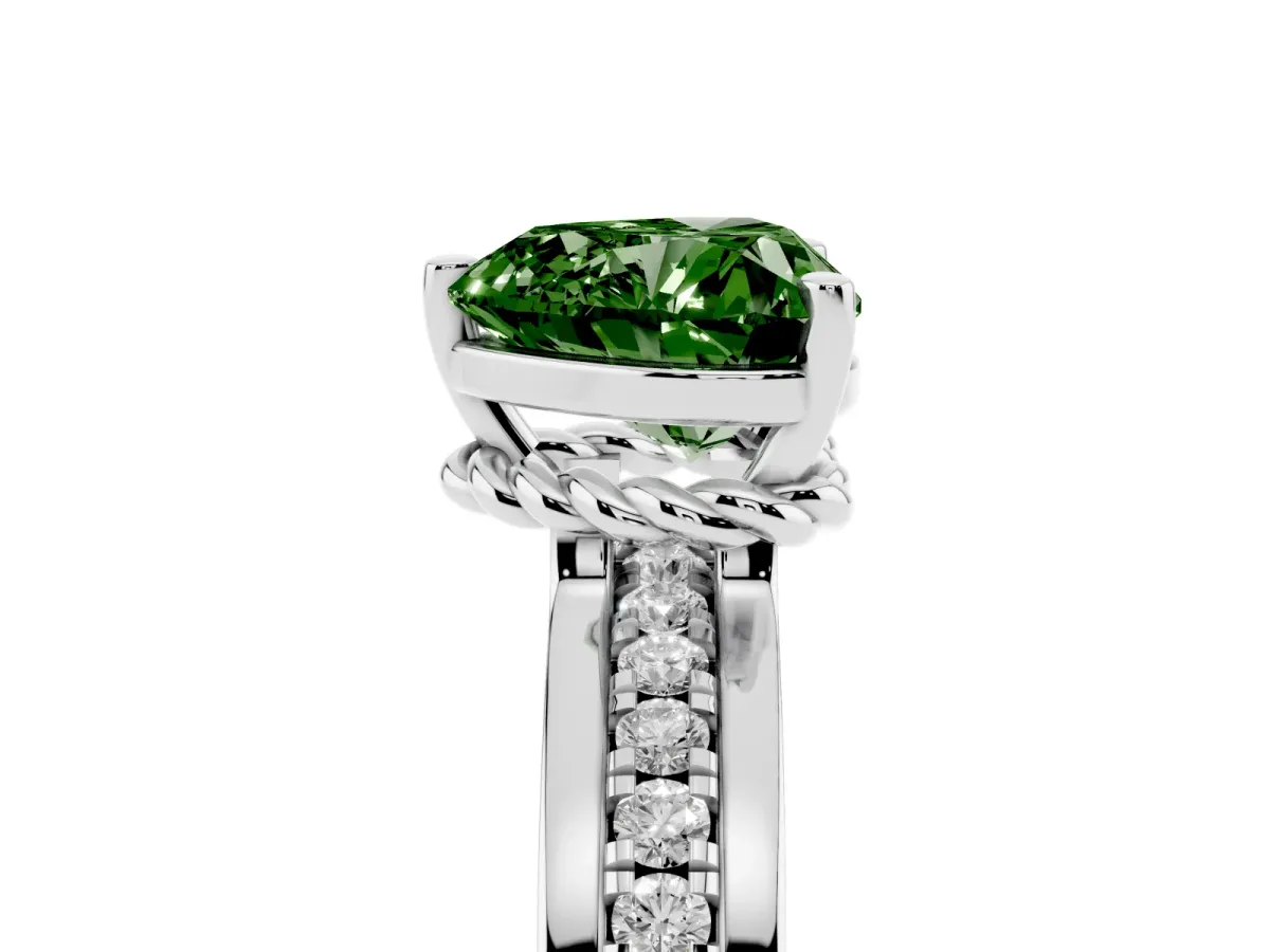 Fancy Green Heart Cut Solitaire Diamond Ring with Channel Set Band and Six-Prong Setting Silver