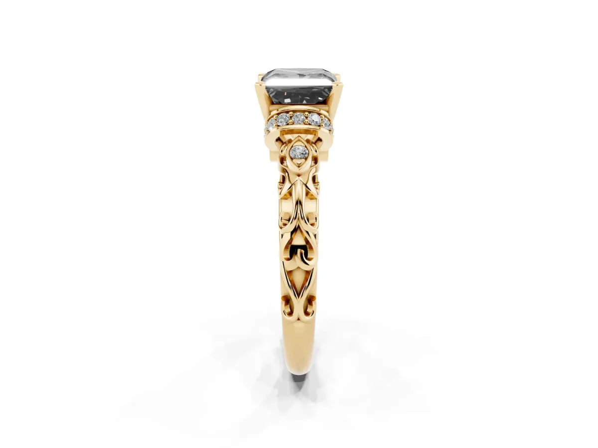 Fancy Black Princess Cut Diamond Solitaire Ring with Filigree Band and Four-Prong Setting Yellow gold