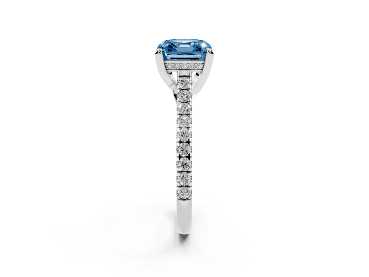 Fancy Blue Asscher Cut Brilliant Diamond Solitaire with Pavé Band and Four-Prong Setting Silver