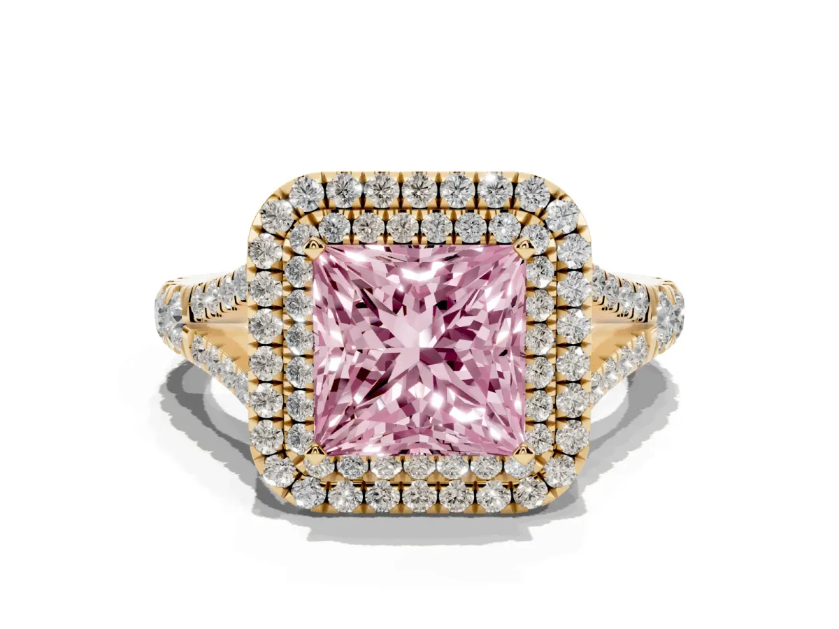 Fancy Pink Princess Cut Diamond Double Halo Ring with Split Shank and Prong Setting Yellow gold