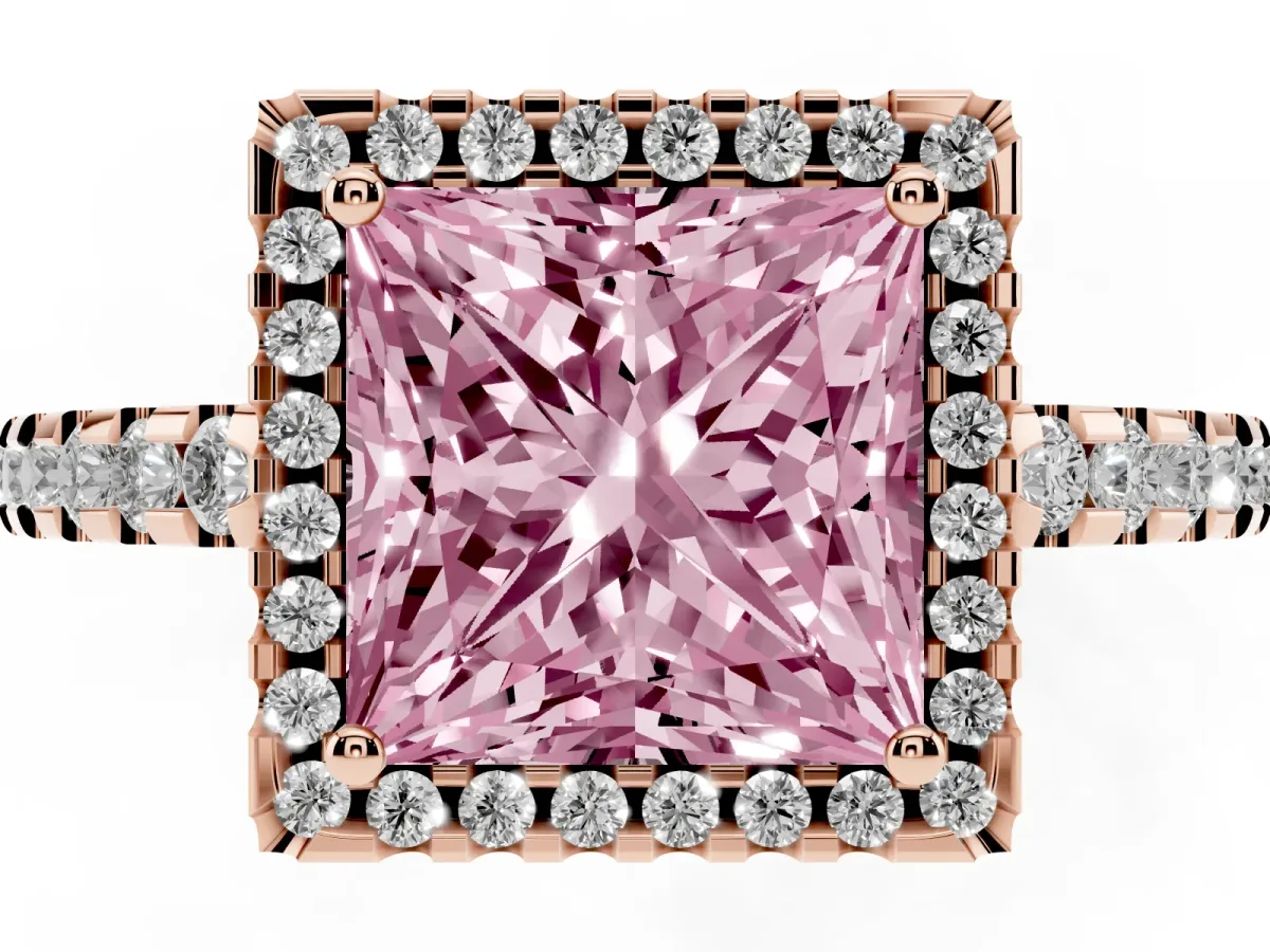 Fancy Pink Princess Cut Diamond Halo Engagement Ring with Pavé Band and Prong Setting Rose gold