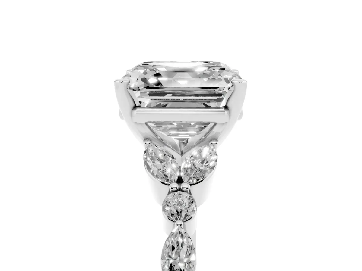 Asscher Cut Diamond Solitaire Ring with Side Stones and Four-Prong Setting White gold