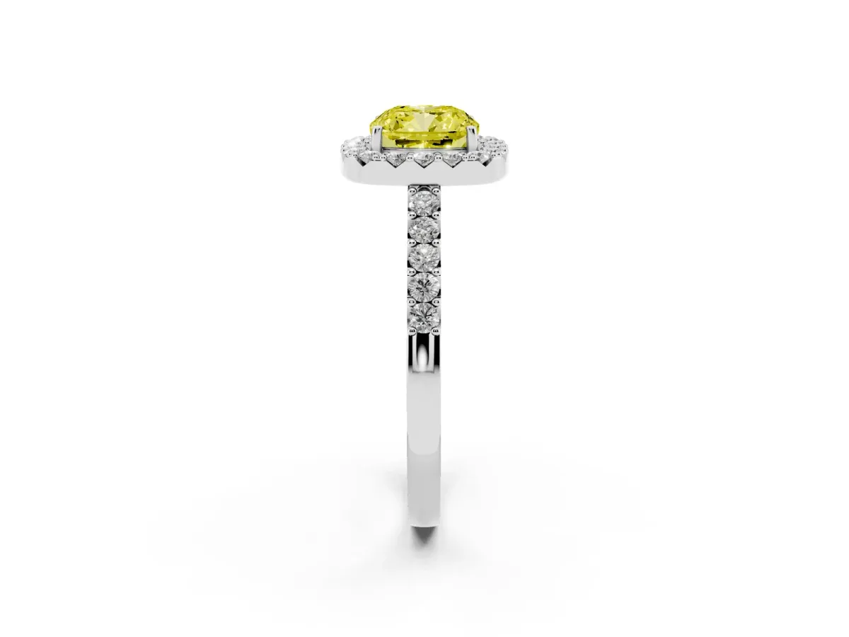 Fancy Yellow Cushion Cut Halo Diamond Pavé Solitaire Ring Platinum