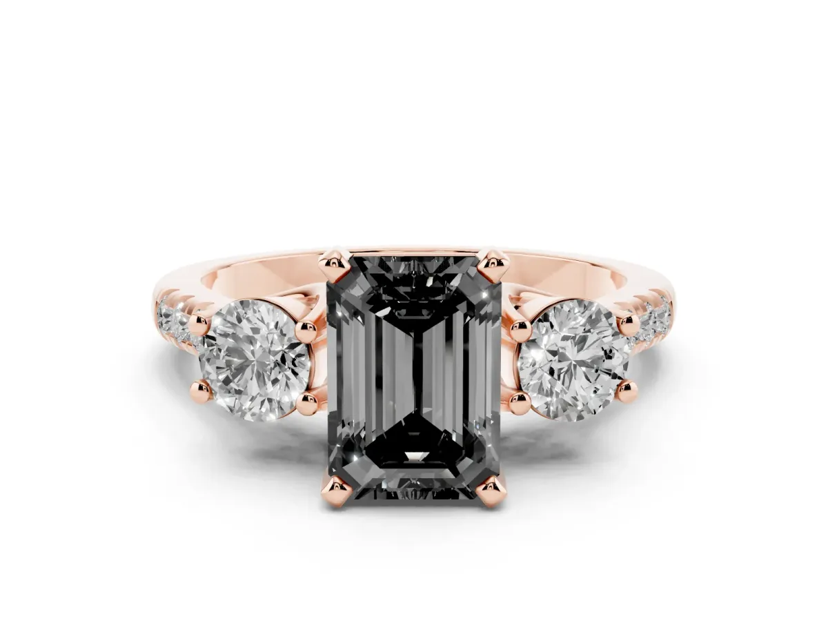 Fancy Black Three-Stone Emerald Cut Diamond Pavé Band with Four-Prong Setting Rose gold