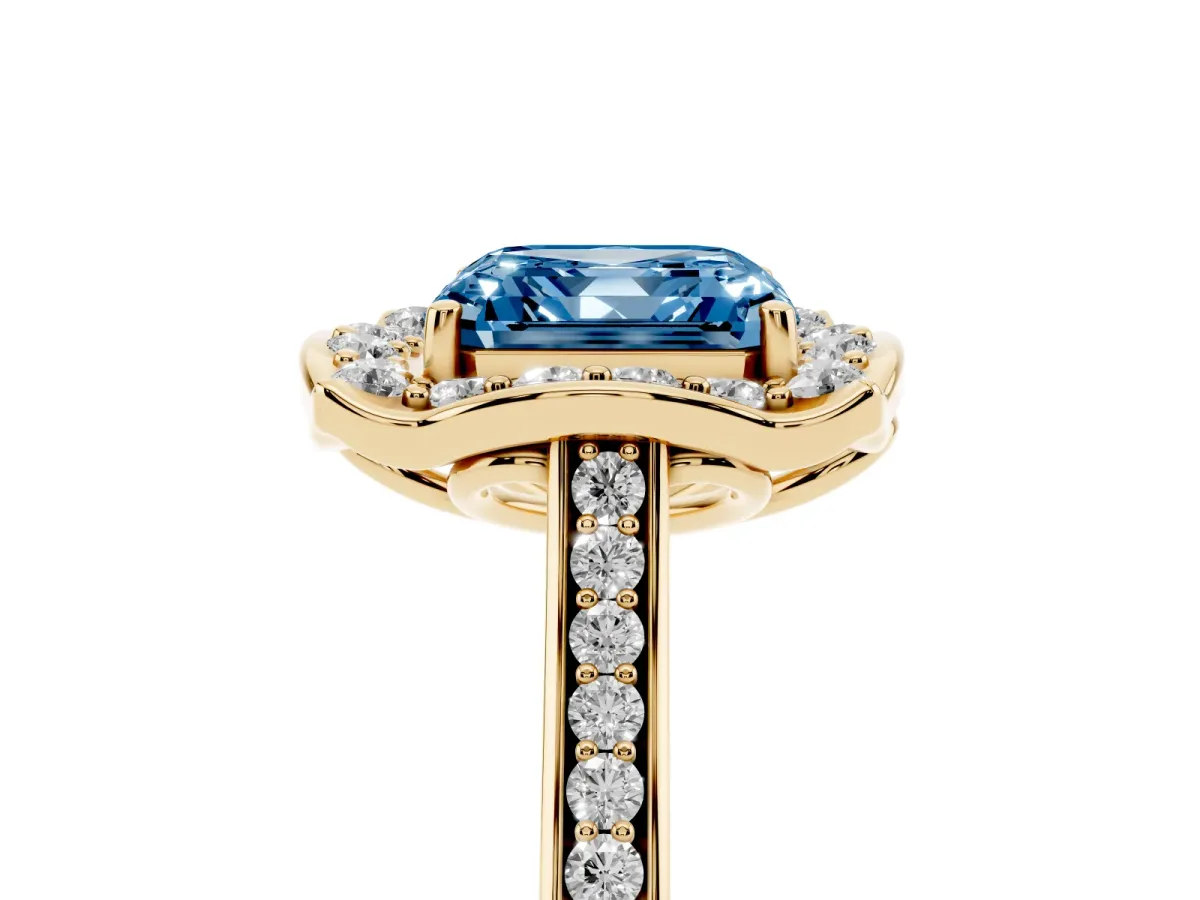 Fancy Blue Asscher Cut Halo Round Diamond Pave Band with Four-Prong Setting Yellow gold
