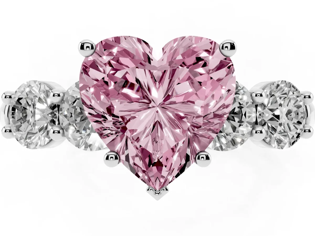 Fancy Pink Heart Cut Cut Five-Stone Prong Set Diamond Ring with Classic Band White gold