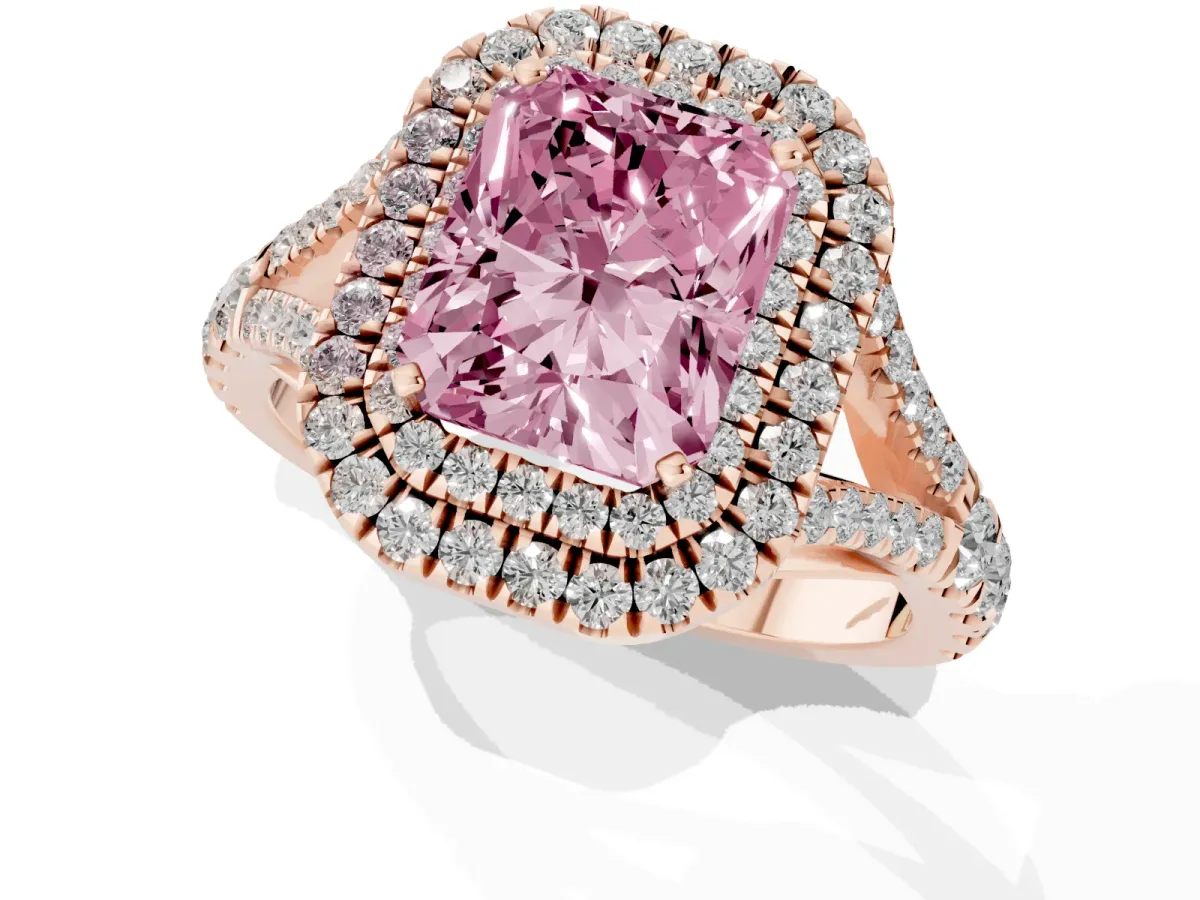 Fancy Pink Radiant Cut Cut Double Halo Split Shank Diamond Ring with Prong Setting Rose gold