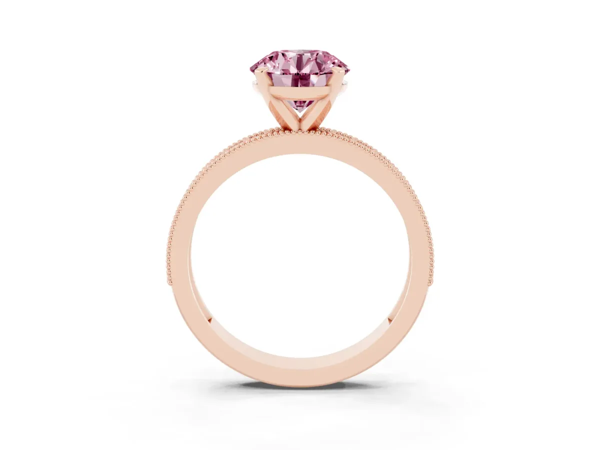 Fancy Pink Round Cut Diamond Milgrain Pavé Engagement Ring with Four-Prong Setting Rose gold