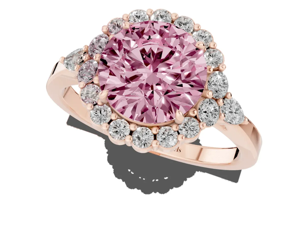 Fancy Pink Round Cut Diamond Halo Ring with Pear Side Stones and Prong Setting Rose gold