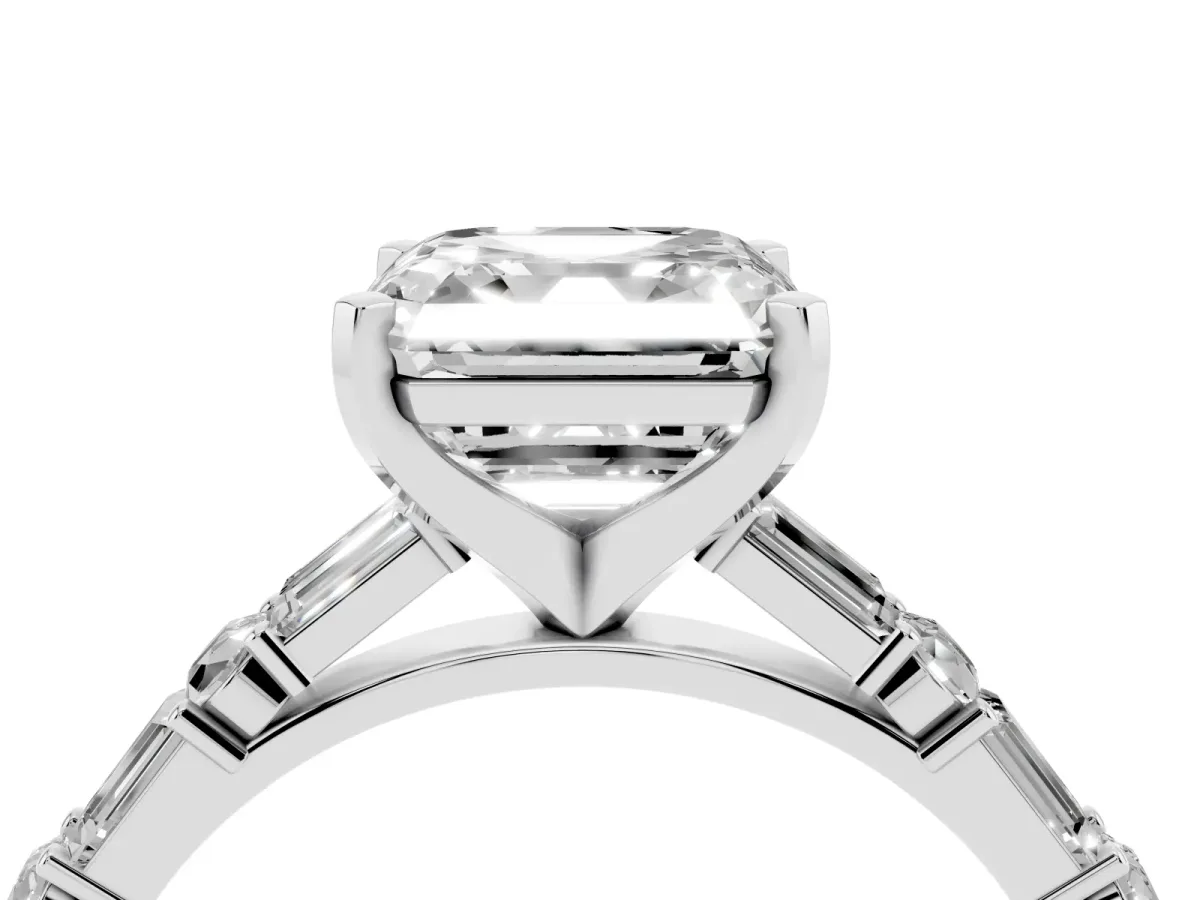Asscher Cut Diamond Solitaire with Side Baguettes and Channel Set Band Silver