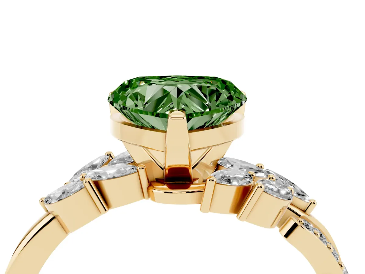 Fancy Green Heart Cut Solitaire Marquise Twist Band with Six-Prong Setting Yellow gold
