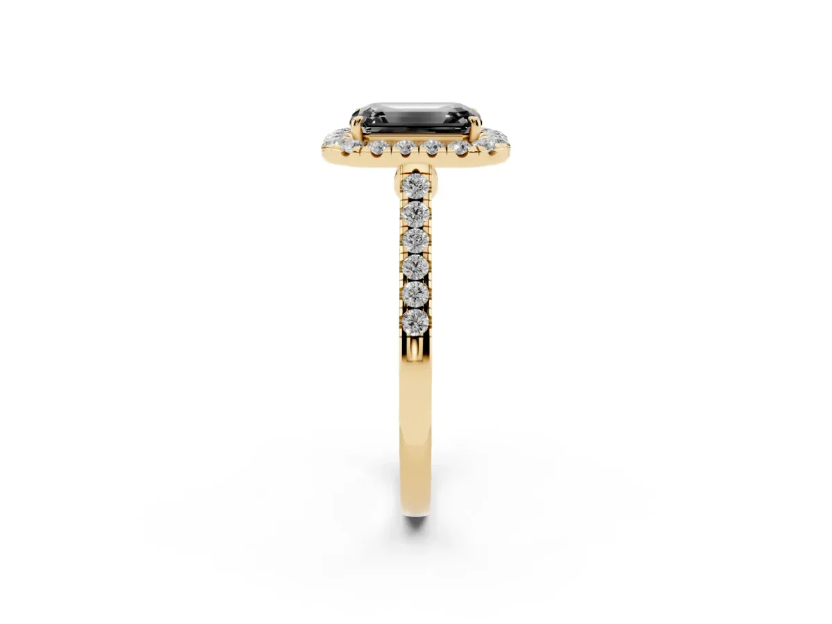 Fancy Black Emerald Cut Halo Pave Diamond Engagement Ring with Four-Prong Setting Yellow gold