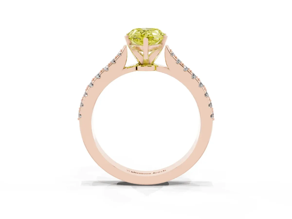 Fancy Yellow Pear Cut Cut Solitaire Diamond Engagement Ring with Pave Band and Four-Prong Setting Rose gold