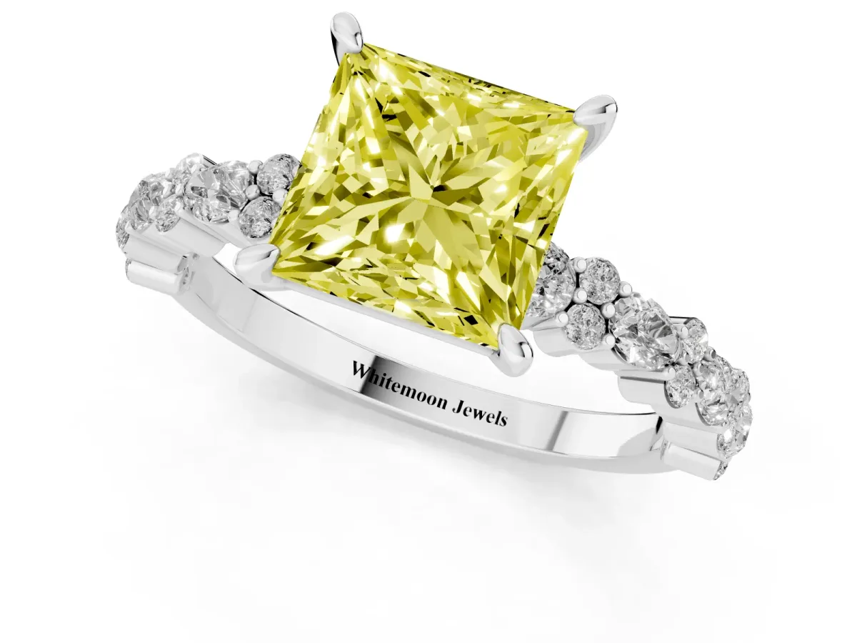 Fancy Yellow Princess Cut Diamond Side Stone Solitaire Ring with Round and Four-Prong Setting Silver