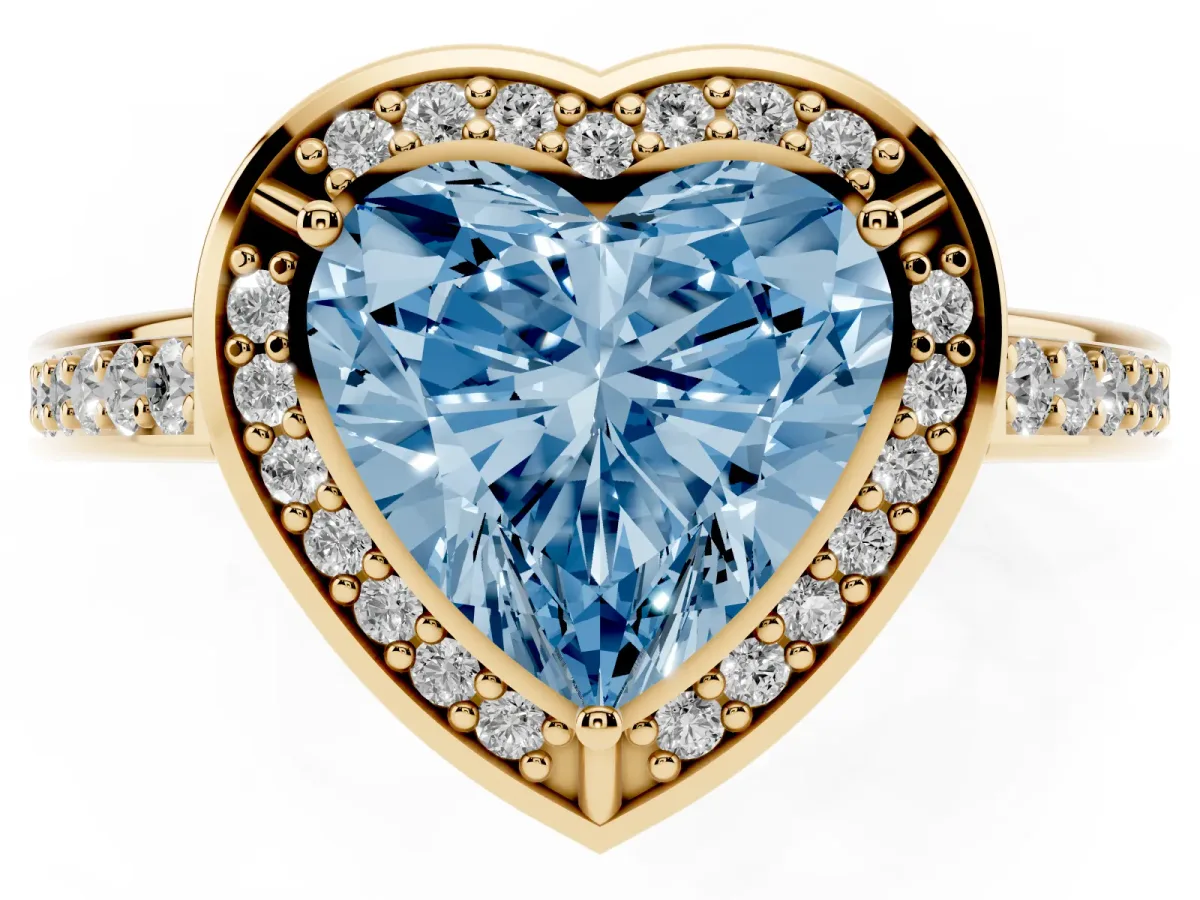 Fancy Blue Heart Cut Cut Halo Pave Split Shank Prong Setting Ring Yellow gold