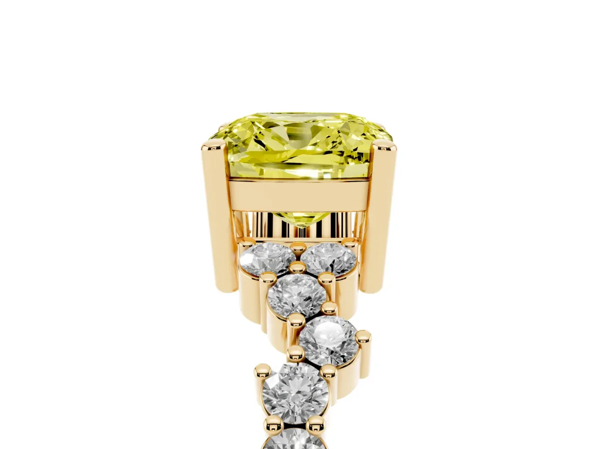 Fancy Yellow Cushion Cut Diamond Scattered Round Accent Ring with Prong Setting Yellow gold