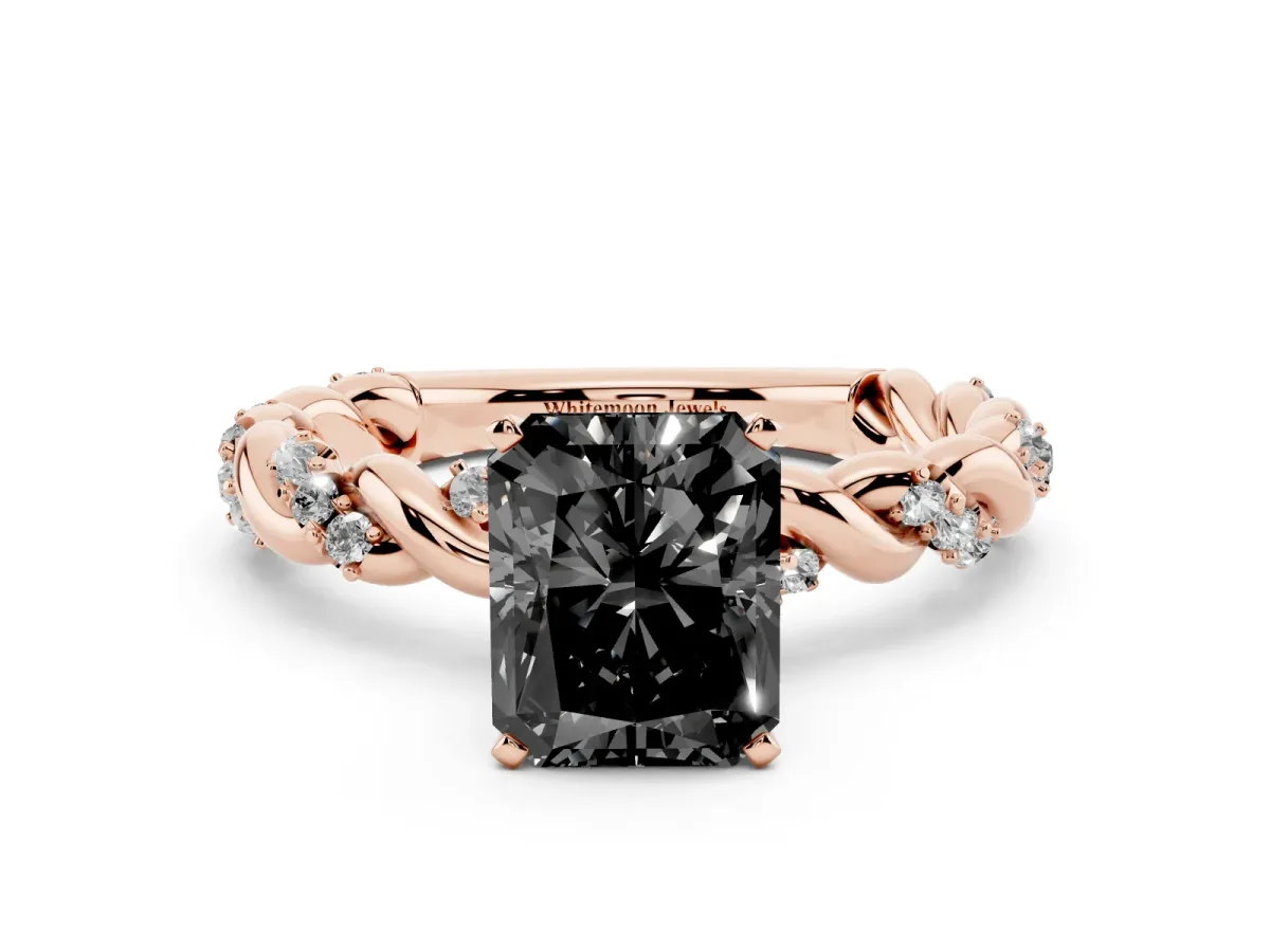 Fancy Black Radiant Cut Diamond Solitaire Ring with Twisted Band and Pavé Accents Rose gold