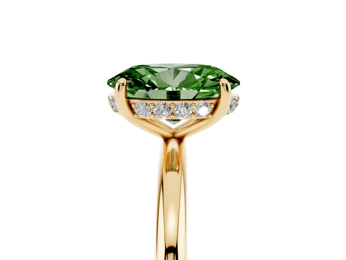 Fancy Green Oval Cut Solitaire Diamond Ring with a Classic Band and Four-Prong Setting Yellow gold