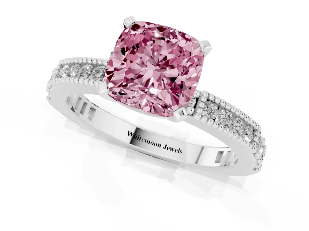 Fancy Pink Cushion Cut Solitaire with Pavé Band and Four-Prong Setting Silver