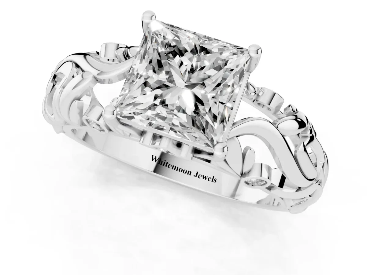 Princess Cut Solitaire Diamond Leaf-Inspired Vine Band Ring with Prong Setting Silver