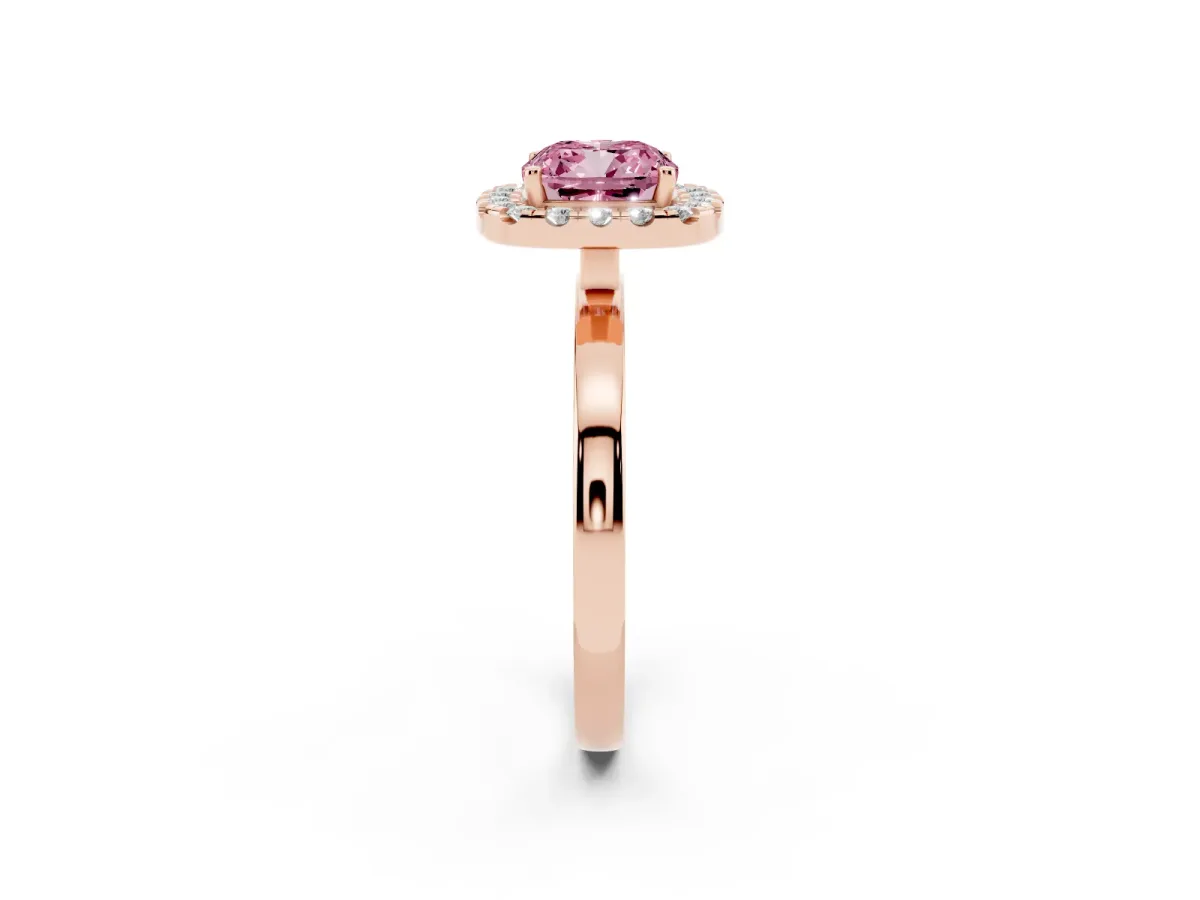 Fancy Pink Cushion Cut Halo Diamond Solitaire with Pavé Band and Four-Prong Setting Rose gold