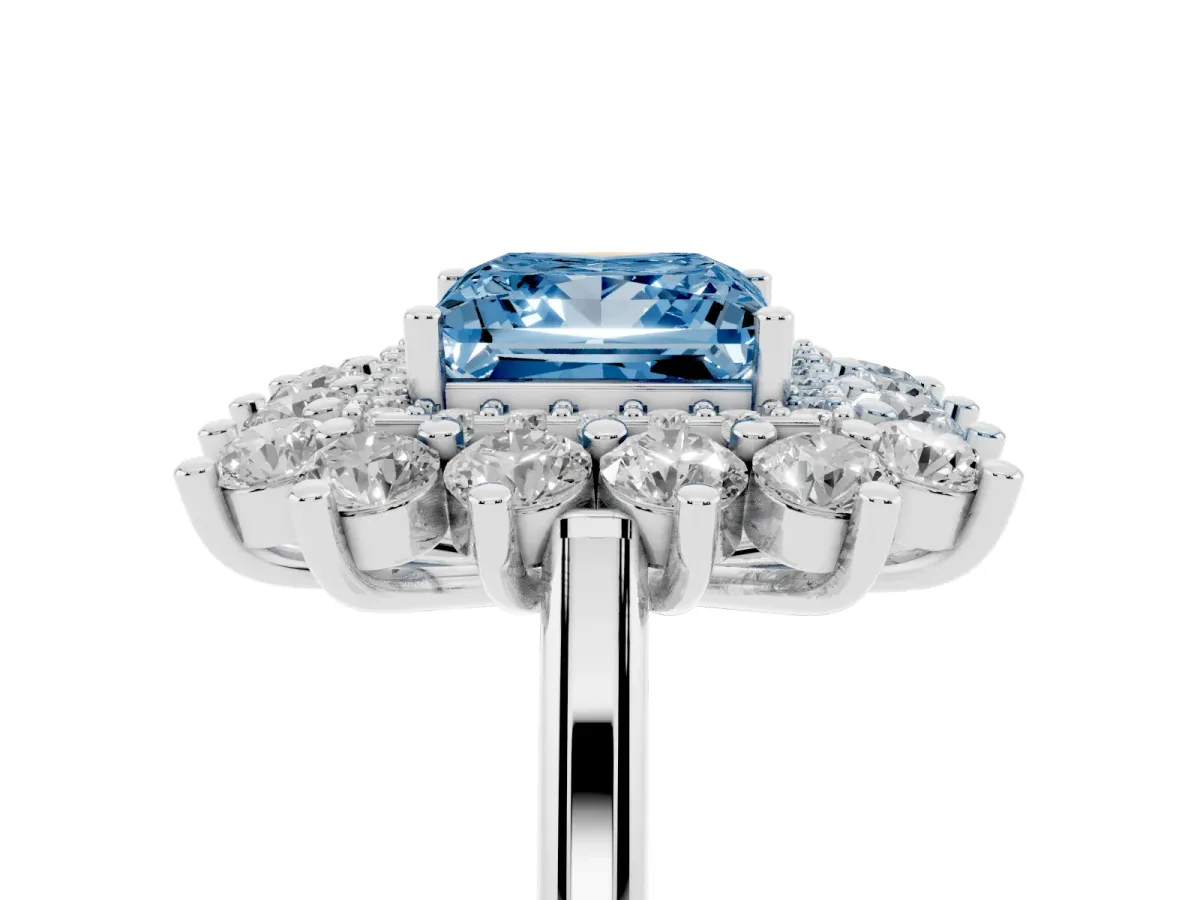 Fancy Blue Princess Cut Diamond Floral Double Halo Engagement Ring with Prong Setting Silver