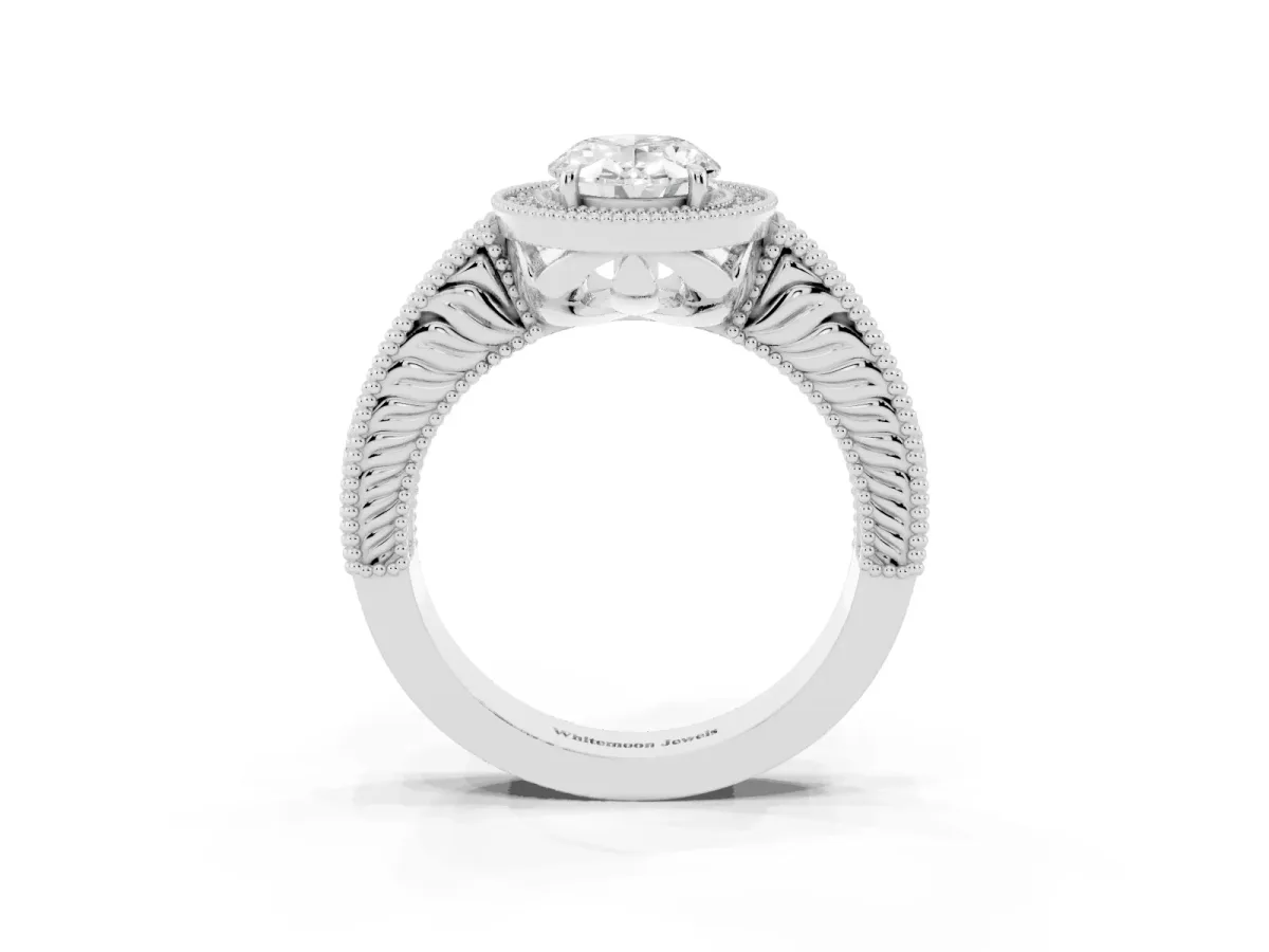 Oval Cut Cut Halo Diamond Ring with Pavé Band and Four-Prong Setting Platinum