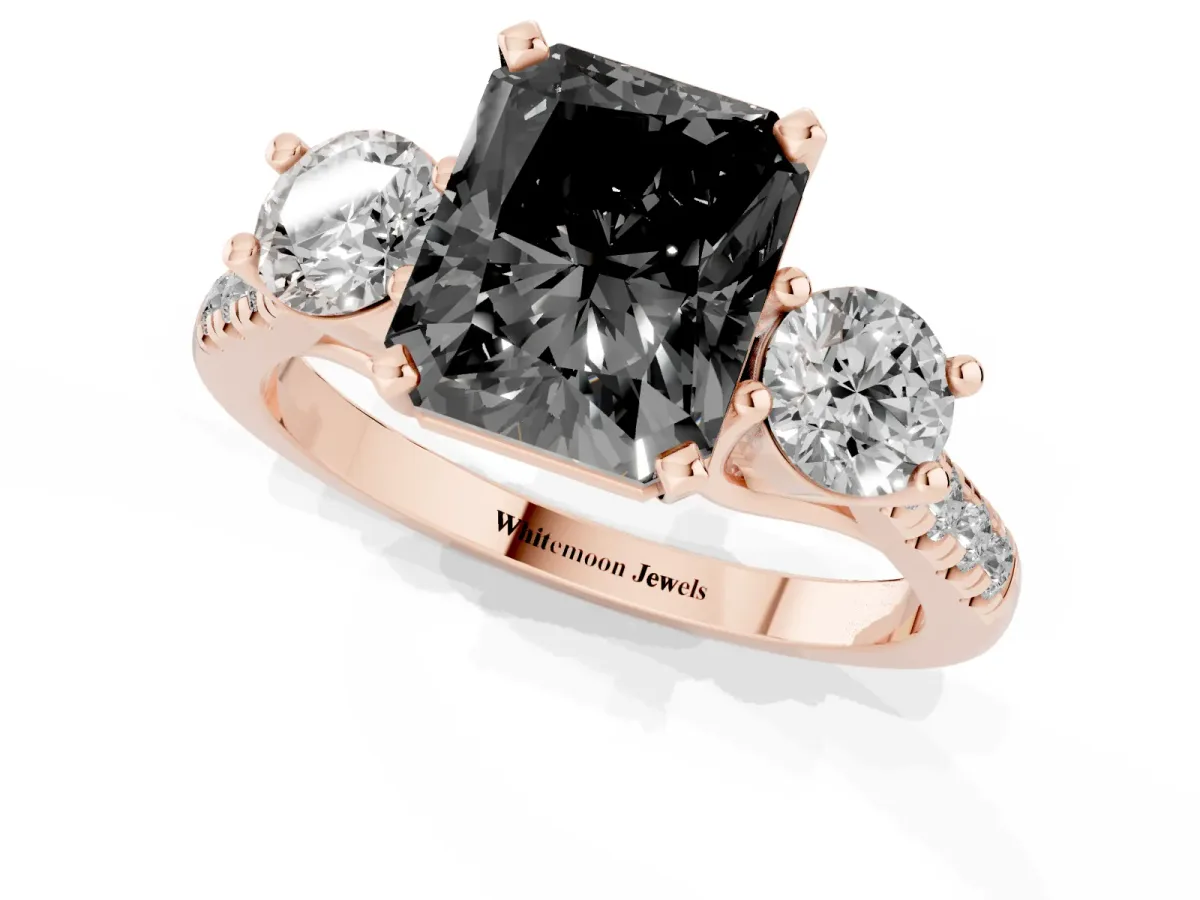 Fancy Black Three-Stone Radiant Cut Diamond Pavé Band with Four-Prong Setting Rose gold