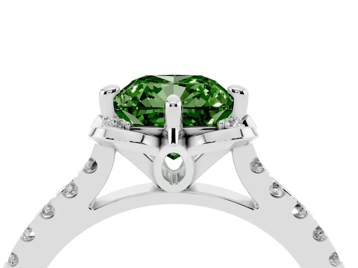 Fancy Green Cushion Cut Diamond Ring with Pavé Band and Floral Prong Setting Platinum