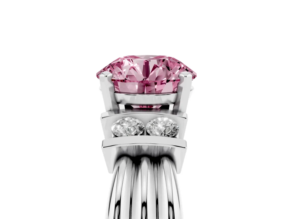Fancy Pink Round Cut Cut Three-Stone Channel Set Ring with Bar Prongs Silver
