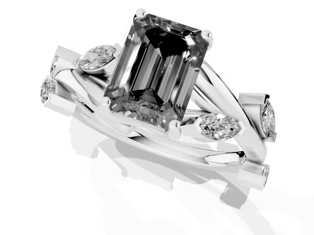 Fancy Black Emerald Cut Solitaire Twisted Band Marquise Accent Prong Setting Ring Platinum