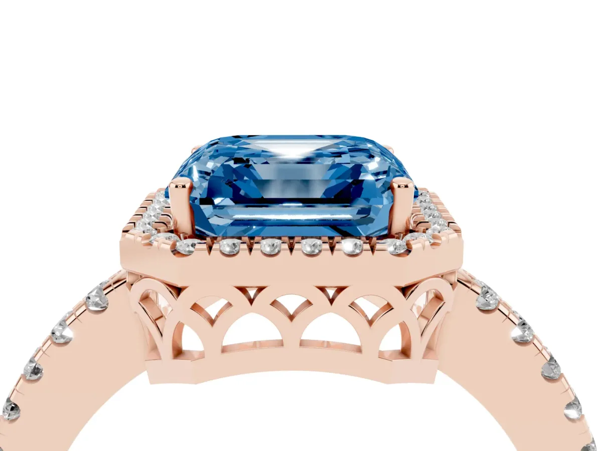 Fancy Blue Asscher Cut Halo Diamond Engagement Ring with Pavé Band and Four-Prong Setting Rose gold