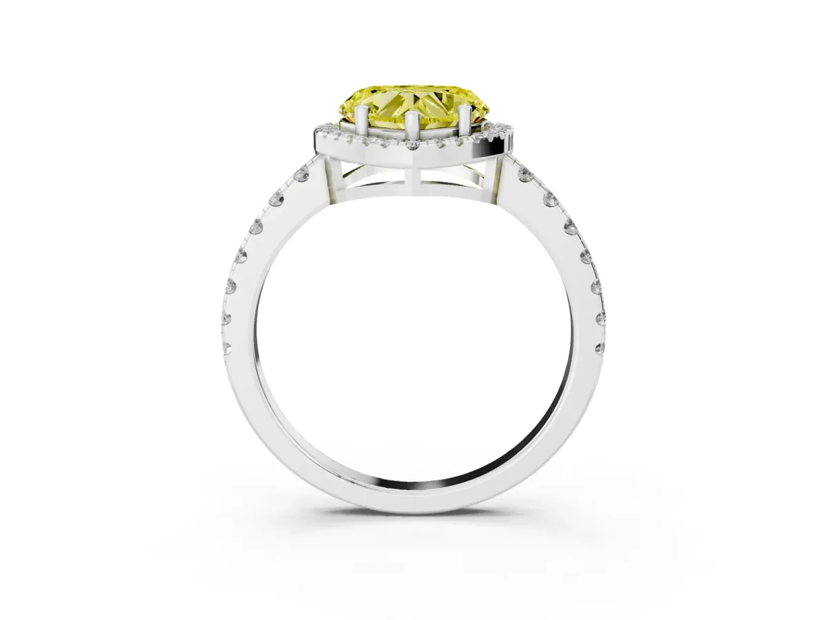 Fancy Yellow Heart Cut Diamond Halo Ring with Pavé Band and Four-Prong Setting White gold