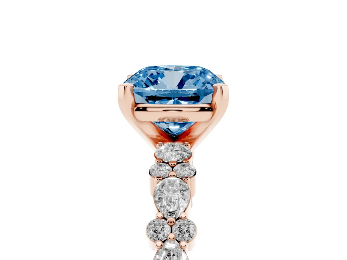 Fancy Blue Cushion Cut Diamond Side Stone Solitaire Ring with Round and Four-Prong Setting Rose gold