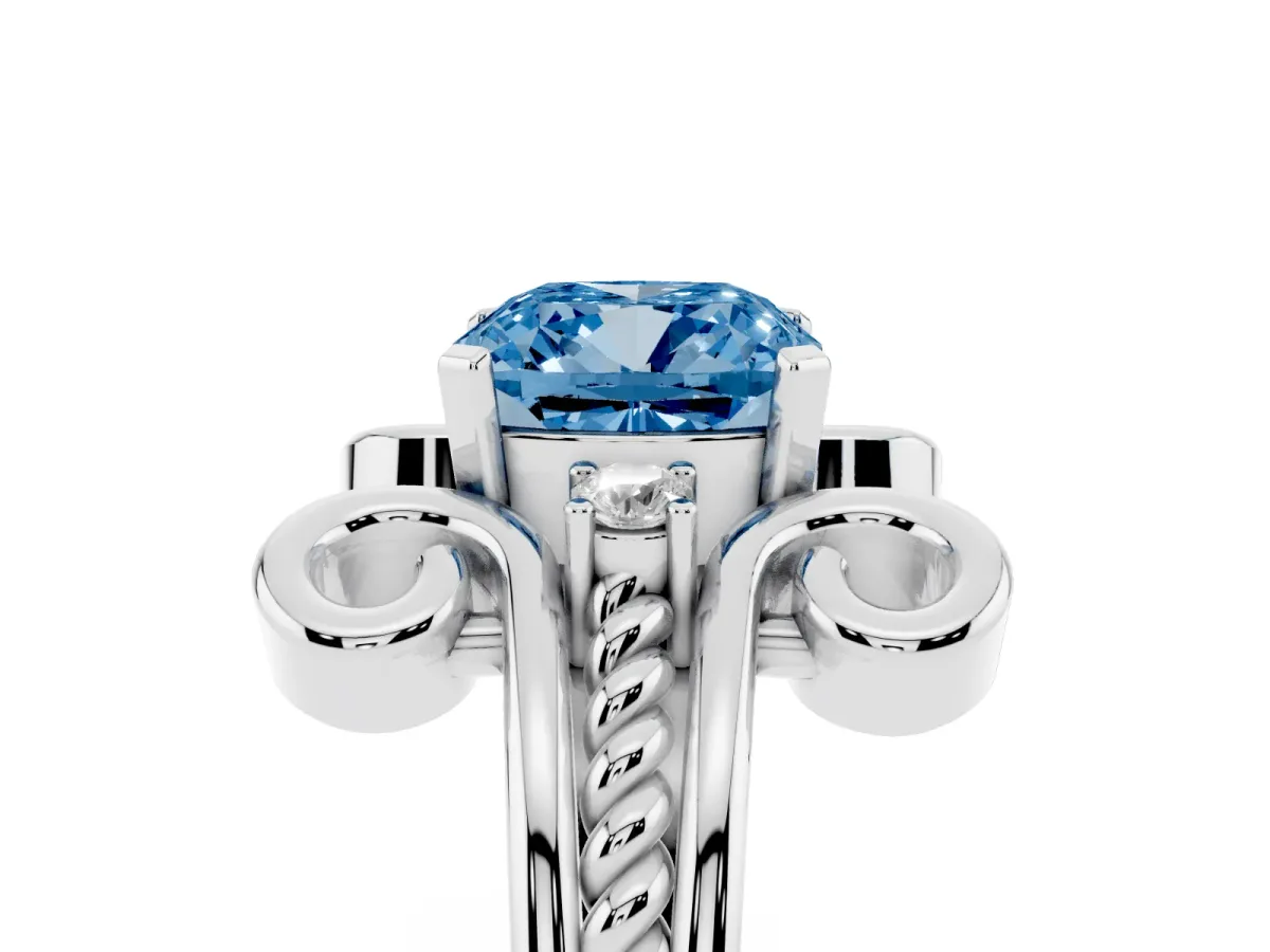 Fancy Blue Cushion Cut Solitaire Twisted Band Scroll Prong Ring Silver