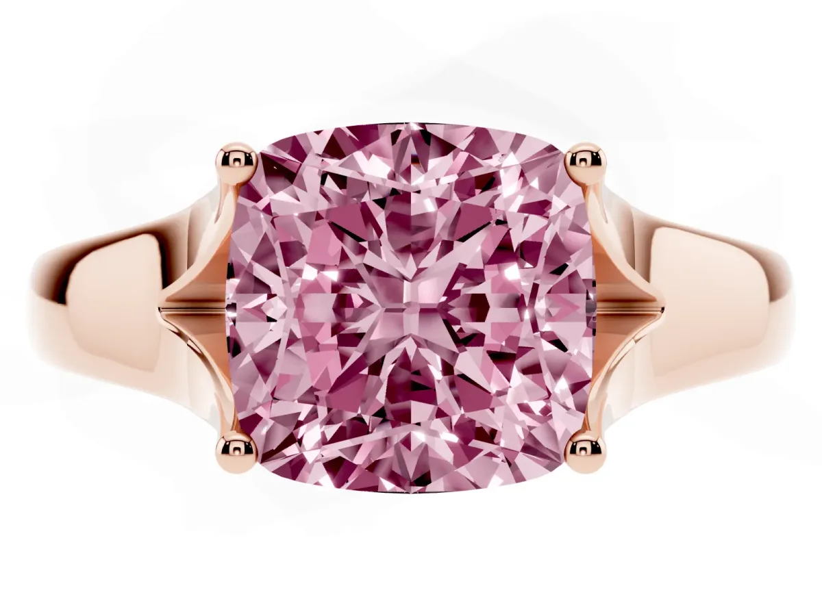 Fancy Pink Cushion Cut Solitaire Diamond Ring with Cathedral Band and Four-Prong Setting Rose gold