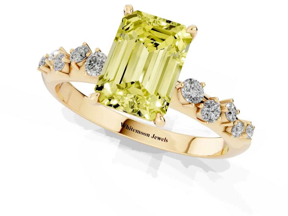 Fancy Yellow Emerald Cut Diamond Cluster Side Stone Solitaire Ring with Prong Setting Yellow gold